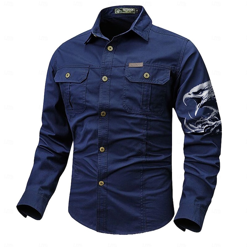 Men's Eagle Work Shirt Western Shirt Cargo Shirt Long Sleeve Casual Tactical Sports & Outdoor Going out Winter Spring &  Fall Turndown Print Black Grey Black White Army Green Red
