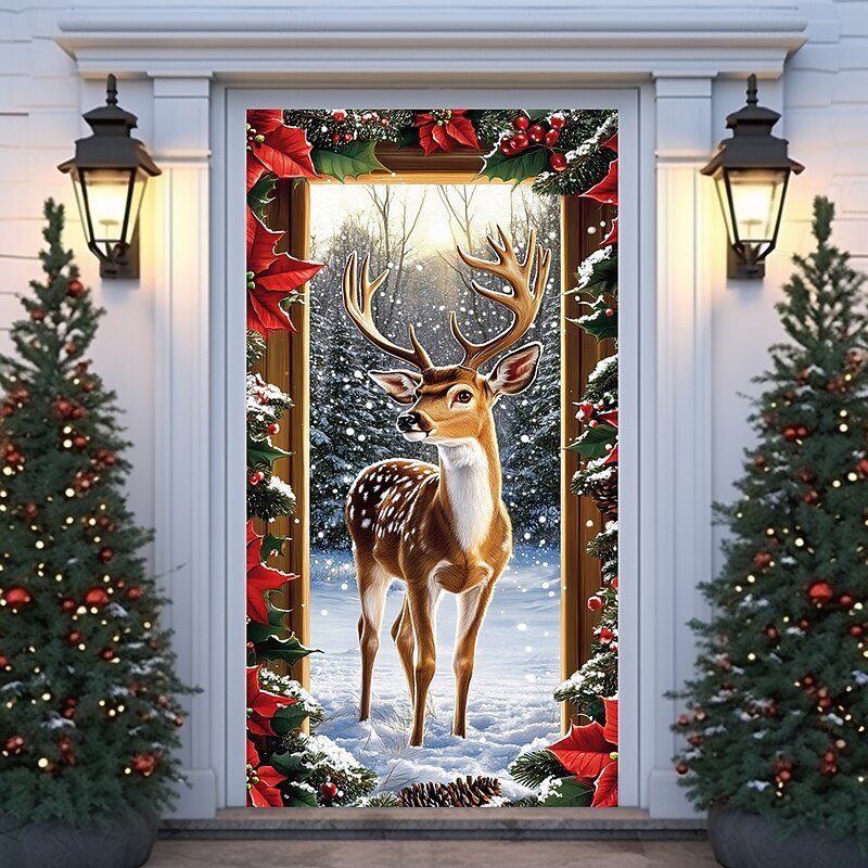 Christmas Door Decorations Door Covers Reindeer Snow Door Tapestry Door Curtain Decoration Backdrop Indoor/Outdoor Door Banner for Front Door Farmhouse