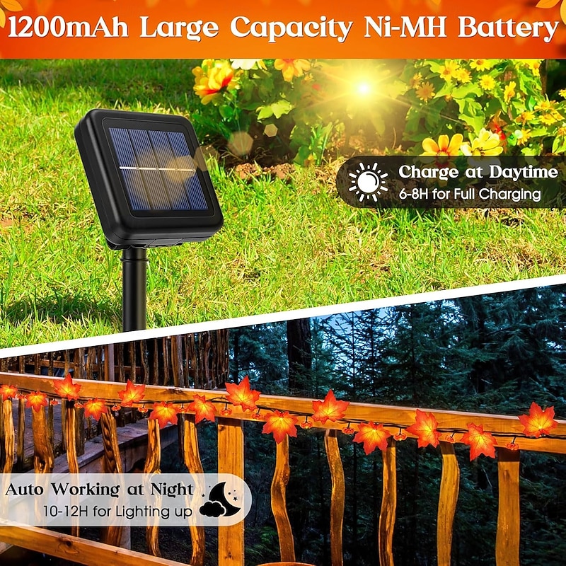 Solar 3D Pumpkin Maple Leaf String Lights 6.5m 30LED Outdoor Waterproof Garden Light Autumn Thanksgiving Christmas Wedding Party Holiday Yard Home Balcony Decoration3