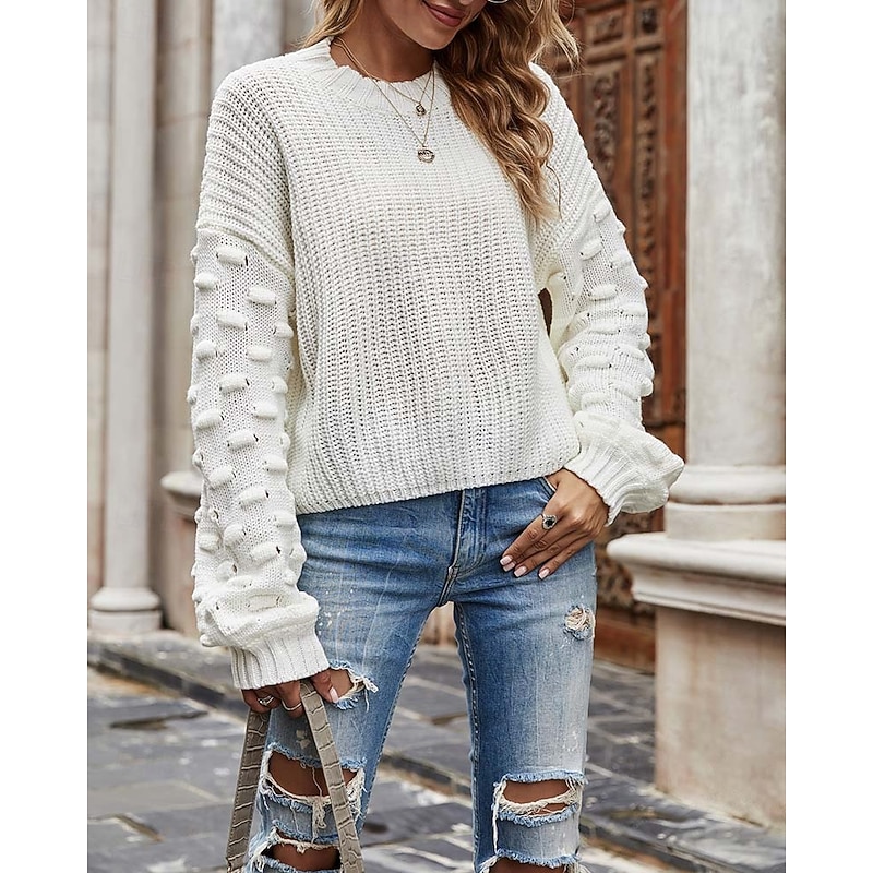 Women's Sweater Elegant Fashion Daily Solid Color Crew Neck Knitted Textured Long Sleeve Regular Tops Knit Work Black White Fall Winter