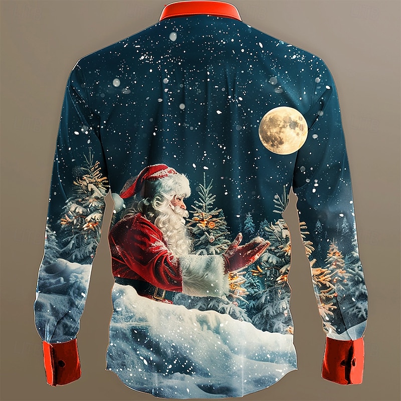 Christmas Men's Santa Claus Shirt Button Up Shirt Long Sleeve Casual Business Casual Party Evening Wear Daily Fall Winter Spring & Summer Shirt Collar Button Up 3D Print Blue Ink Blue Dark Blue3