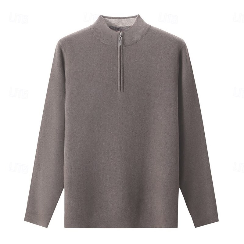 Men's Knit Regular Tops Solid Color Quarter Zip Knitwear Neutral Outdoor Home Clothing Apparel Fall Winter Light Grey S M L3