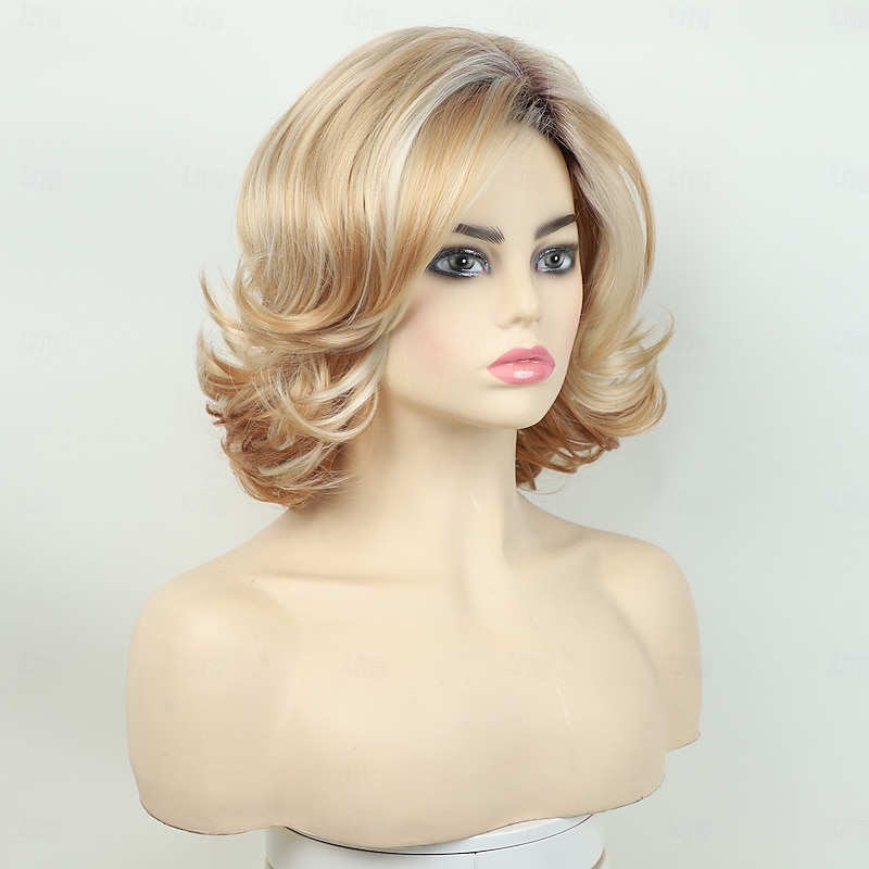 Short Blonde Curly Wigs for Women Fashion Auburn Wavy Wig Heat Resistant Synthetic Hair Wigs for Daily,Halloween,Party2