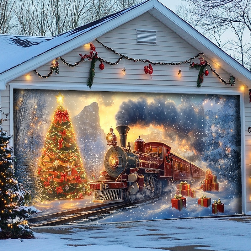 Christmas Outdoor Garage Door Cover Xmas Banner Train Tree Large Christmas Backdrop Decoration for Holiday Outdoor Garage Door Home Wall Decorations4