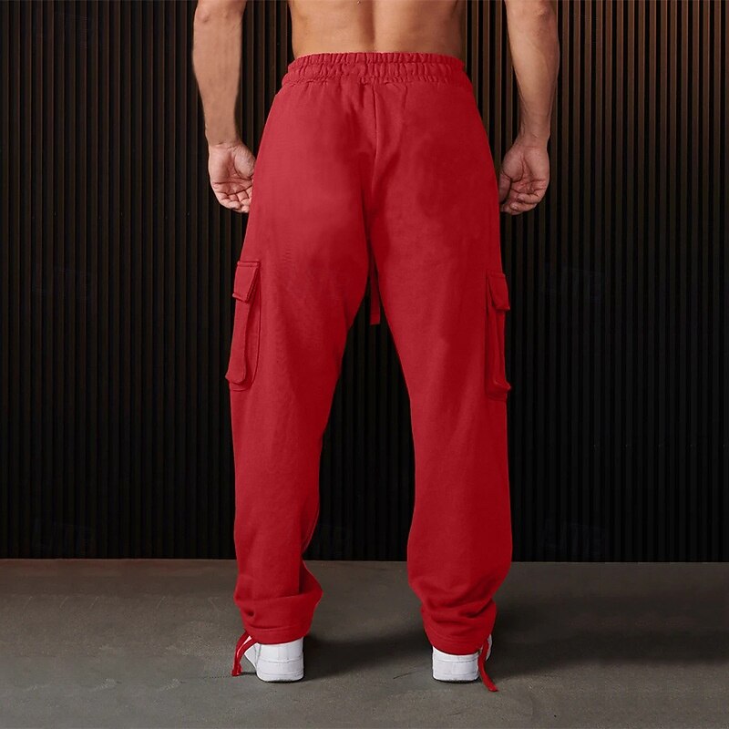 Men's Sweatpants Joggers Trousers Cargo Sweatpants Drawstring Elastic Waist Straight Leg Plain Comfort Warm Full Length Sports Outdoor Casual Daily Fashion Cute Black Red2