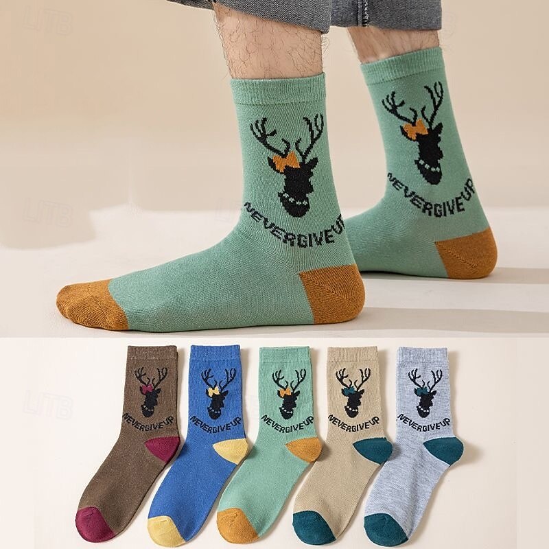 Men's 5 Pairs Multi Packs Socks Crew Socks Casual Socks Christmas Socks Rainbow Color Reindeer Christmas Daily Vacation Medium Spring Fall Fashion Casual2