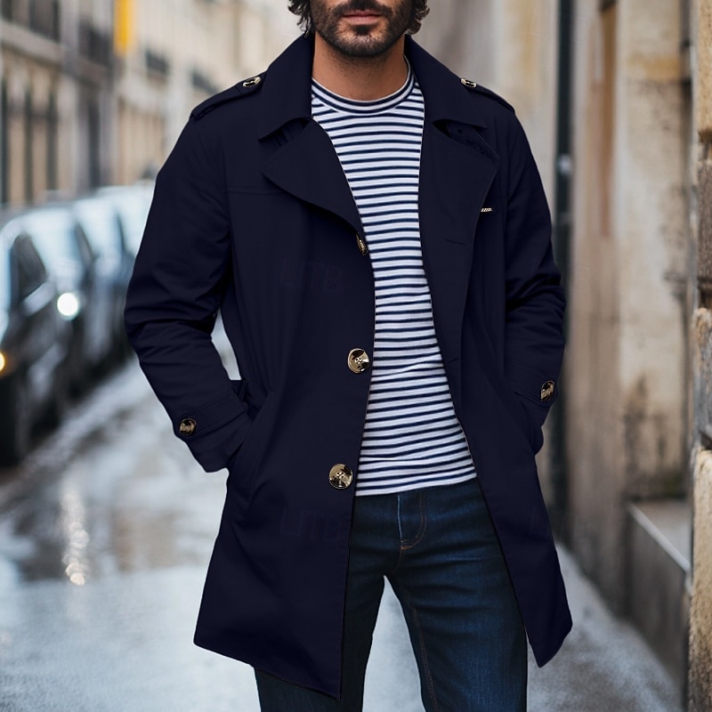 Men's Trench Coat Carnival Outdoor Spring Fall Winter Cotton Outerwear Clothing Apparel Elegant Vintage non-printing Solid Color Pocket Fold-over Collar4