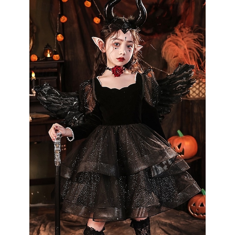 Kids Girls' Party Dress Solid Color 3/4 Length Sleeve Performance Mesh Princess Cosplay Costume Sweet Mesh Mid-Calf Sheath Dress Tulle Dress Summer Spring Fall 4-12 Years Black