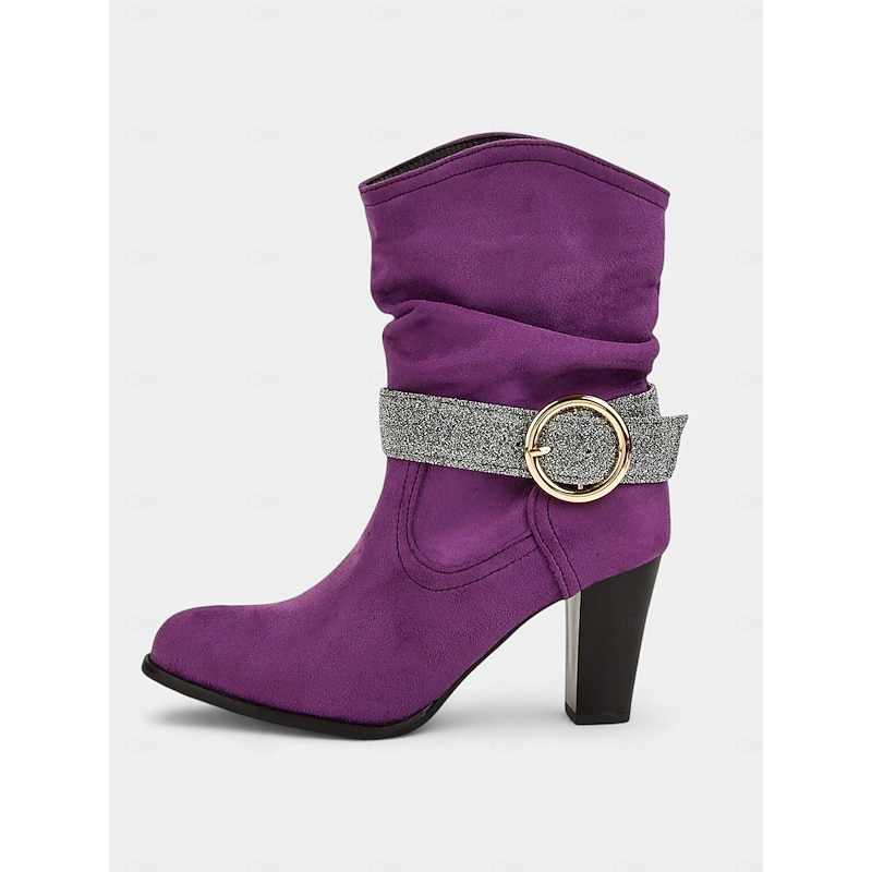 Women's Purple Faux Suede Ankle Boots with Glitter Strap and Gold Buckle, Stylish High Heel Booties for Parties and Evening Wear2