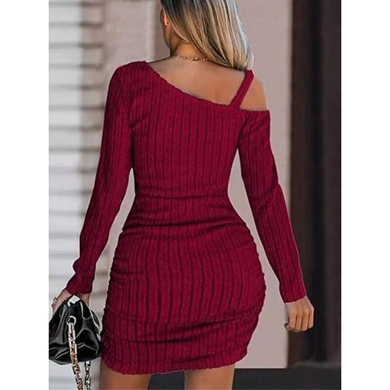 Women's Casual Dress Mini Dress Patchwork Cold Shoulder Casual One Shoulder Long Sleeve Black White Wine Color