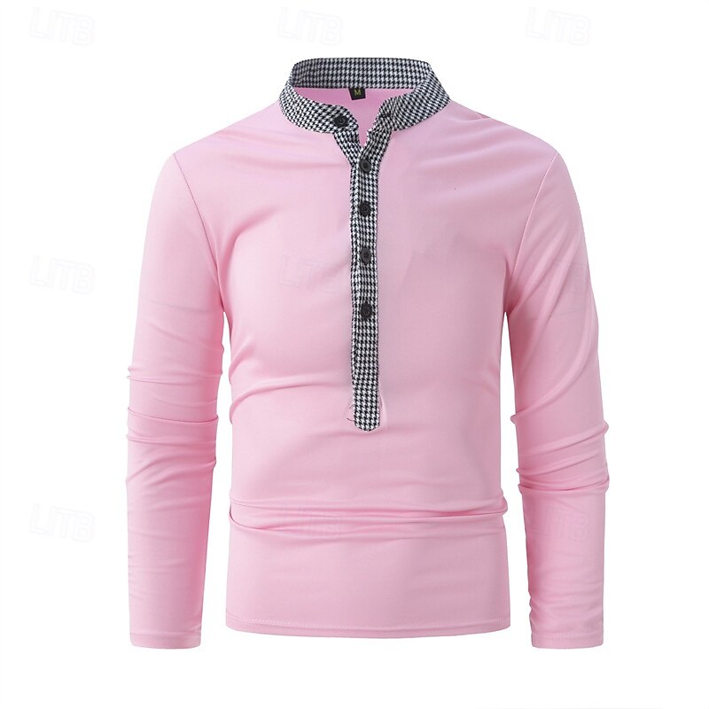 Men's Golf Shirt Golf Polo Work Casual Banded Collar Long Sleeve Basic Modern Color Block Patchwork Button Spring &  Fall Regular Fit Wine Spring Grass Green Black White Pink Navy Blue Golf Shirt2