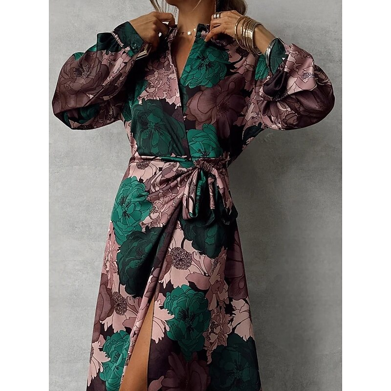 Women's Floral Print Lapel Maxi Dress Long Sleeve Spring Fall4