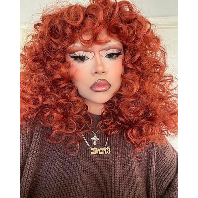 Curly Wig with Bangs for Black Women Kinky Long Curly Wig Synthetic Hair Daily Use Cosplay