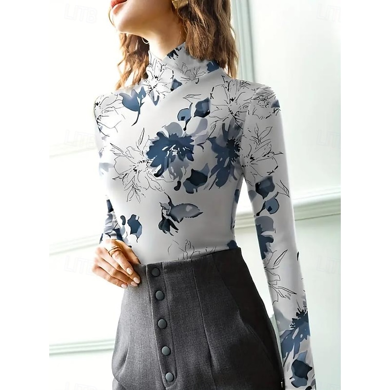 Women's Tunic T Shirt Elegant Long Sleeve Long Tops Daily Blue Fall Winter3