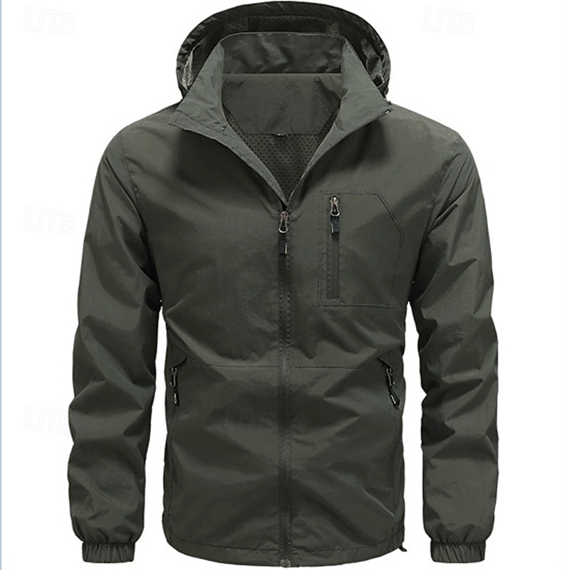 Men's Hiking Jacket Winter Outdoor Waterproof Windproof Front Zipper Lightweight Jacket Full Zip Camping / Hiking / Caving Black Army Green Khaki