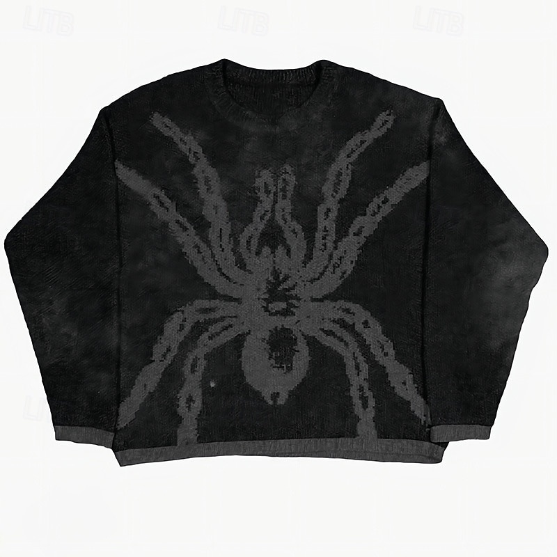 Men's Sweater Pullover Sweater Jumper Knit Sweater Ribbed Knit Regular Knitted Jacquard Spiders Crew Neck Retro Basic Street Daily Wear Clothing Apparel Fall & Winter Black M L XL