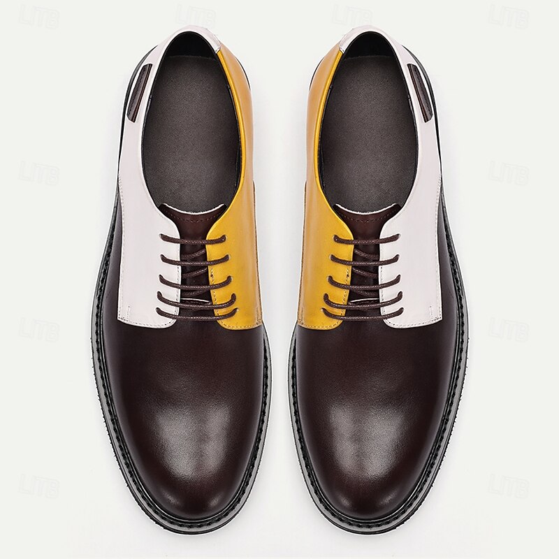 Men's Tri-Color Leather Oxford Shoes, Brown, White, and Yellow Lace-Up Dress Shoes, Perfect for Formal Events and Stylish Business Attire2