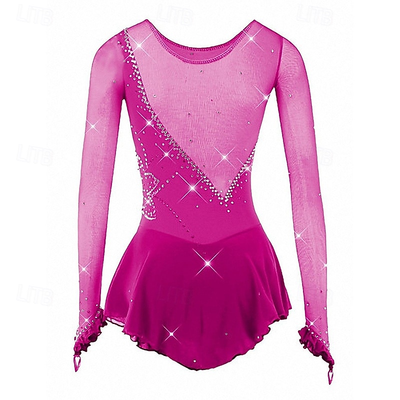 Figure Skating Dress Women's Girls' Ice Skating Dress Violet Rose Red Patchwork Mesh High Elasticity Training Competition Skating Wear Classic Crystal / Rhinestone Long Sleeve Ice Skating Figure2