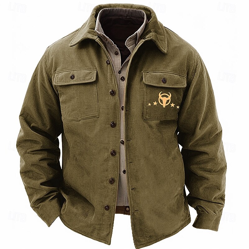 Men's Cowboy Corduroy Shirt Shirt Jacket Overshirt Long Sleeve Vintage Tribal Dailywear Fall & Winter Collared Shirts Button Up 3D Print 2 Pockets 1pc Army Green Navy Blue Brown