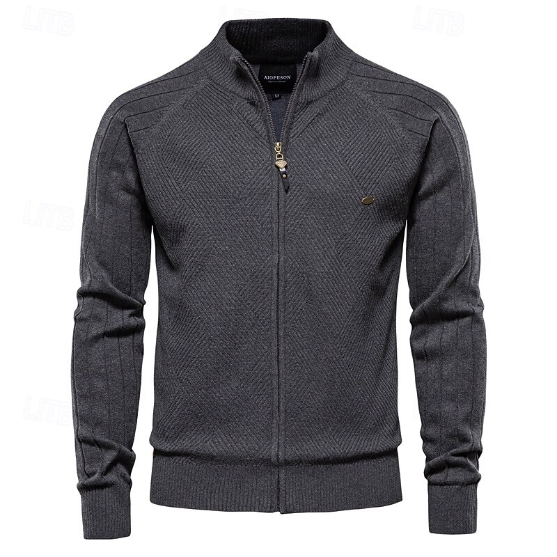 Men's Cardigan Sweater Ribbed Cable Knit Jacquard Zipper Solid Color Turndown Knitwear Neutral Outdoor Causal Clothing Apparel T-shirt Sleeve Winter Spring &  Fall Black Navy Blue S M L4