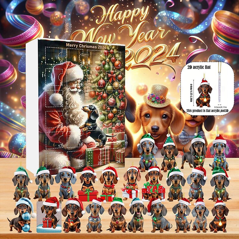 Christmas Advent Calendar Ornaments,2D Acrylic Cute Dog 24pcs Christmas Ornament Kit Gift 24 Days Countdown Mini Hanging Tree Xmas Ornaments for Christmas Party Decorations