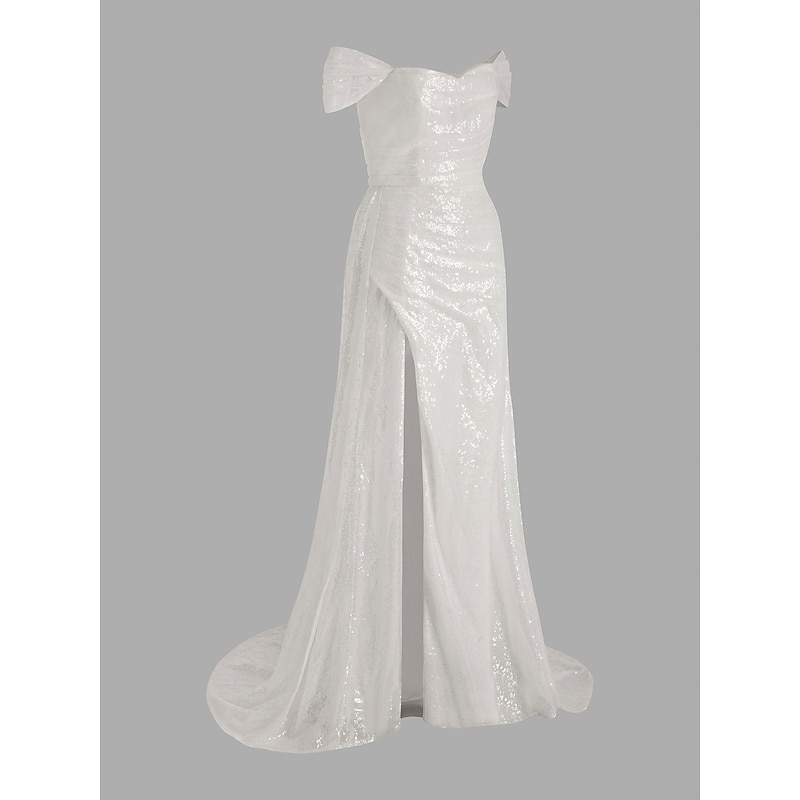 Beach Wedding Mermaid Evening Gown Sequin Dress Wedding Guest Prom Sweep / Brush Train Short Sleeve Off Shoulder Fall Wedding Reception Satin with Slit Masquerade Dress4