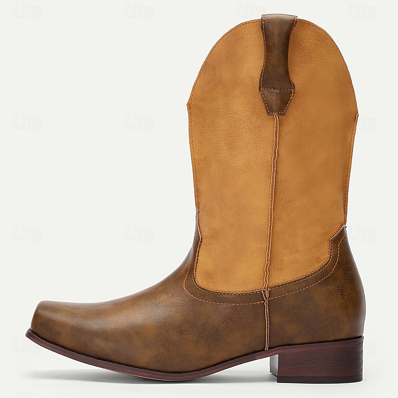 Men's Western Cowboy Boots – Vintage Style Tan Faux Leather Mid-Calf Boots with Square Toe, Ideal for Outdoor and Casual Wear4