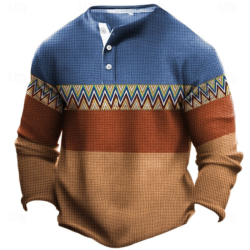 Men's Oktoberfest Stripe Henley Shirt Long Sleeve 3D Printing Designer Ethnic Western Style Party Casual Daily Winter Spring &  Fall Blue Green Henley Henley T-Shirt