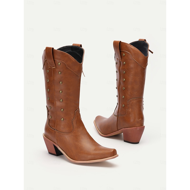 Women's Vintage Brown Leather Knee-High Cowboy Boots - Western Style with Distressed Finish3