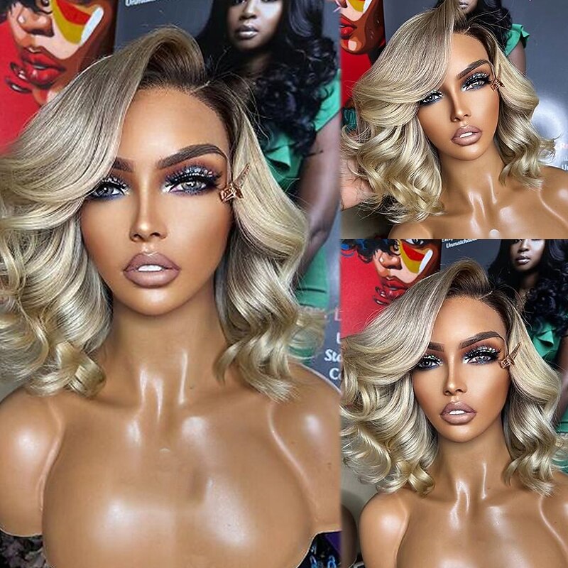 Unprocessed Virgin Hair 13x4 Lace Front Wig Short Bob Brazilian Hair Wavy Multi-color Wig 130% 150% Density with Baby Hair Ombre Hair For Women Long Human Hair Lace Wig3