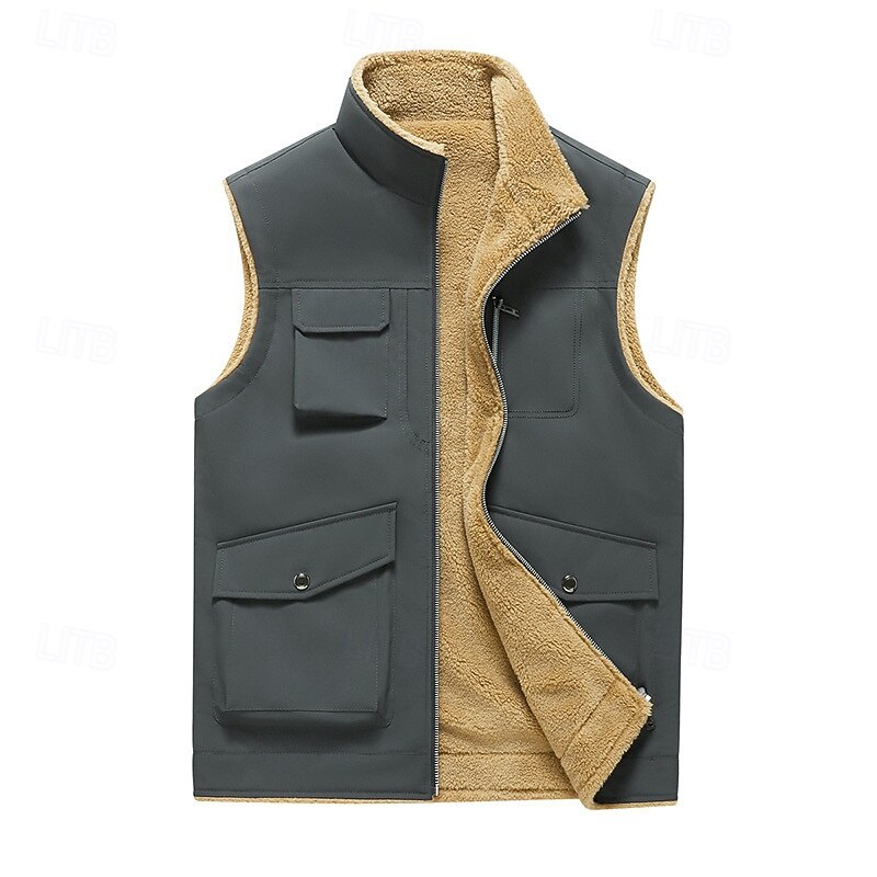 Men's Fleece Vest Vest Gilet Daily Date Vacation Fashion Casual Fall & Winter Pocket Polyester Thermal Warm Comfortable Plain Zipper Stand Collar Regular Fit Black Yellow Khaki Dark Gray Vest4