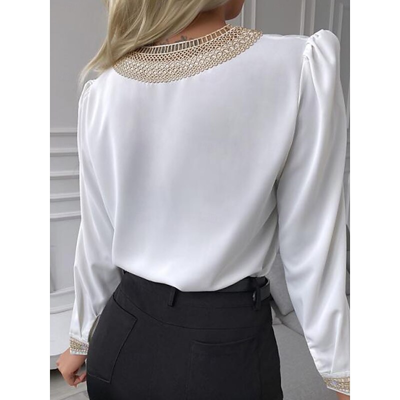 Women's Shirt Blouse Lace White Shirt Daily Work Stylish Modern Long Sleeve Black Spring Fall2