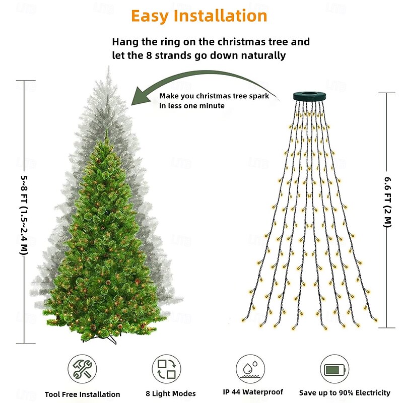 Elegant Wedding Party Reception 2M 280LED Christmas Tree Light String with 8 Modes – Low Voltage Safe for 6-8FT Trees Festival Decoration3