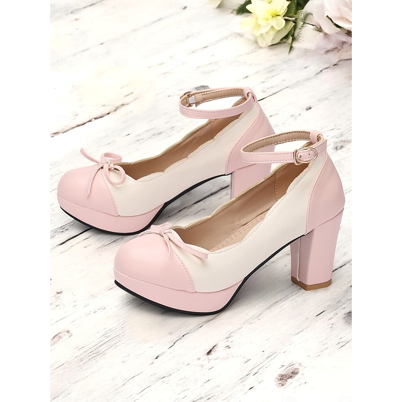 Women's Vintage Two-Tone Chunky Heels with Ankle Strap and Bow Detail – Retro Style Shoes for Special Occasions