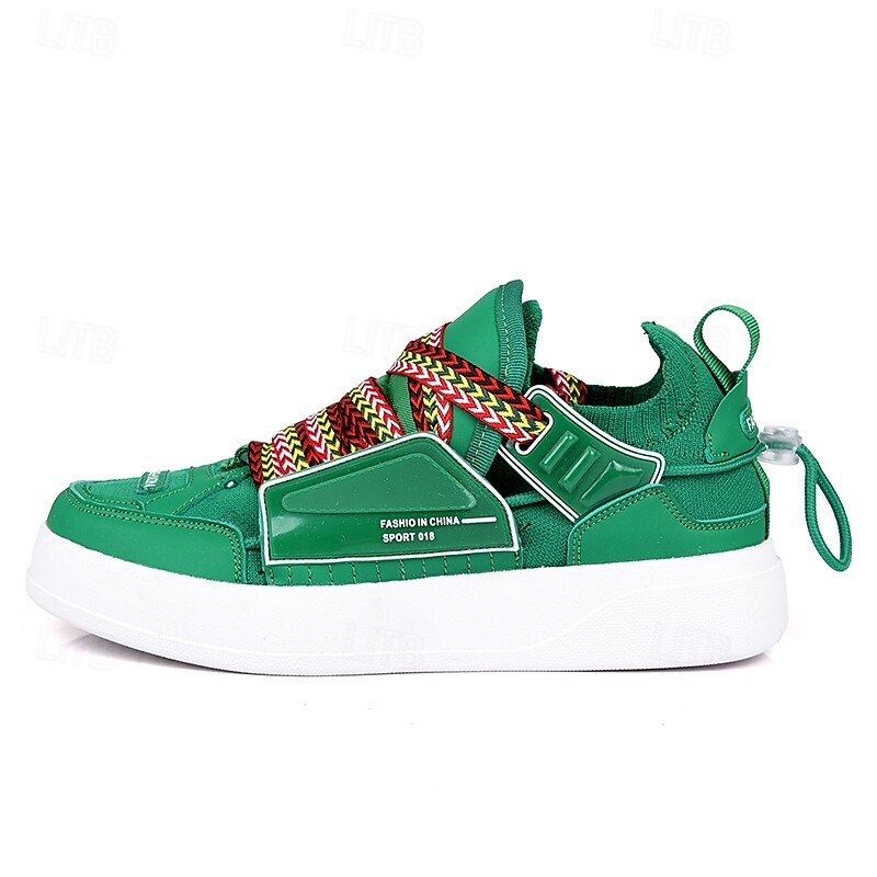 Men's Green High-Top Sneakers with Multicolor Laces and Velcro Strap – Stylish Casual Sport Shoes for Streetwear and Everyday Use4
