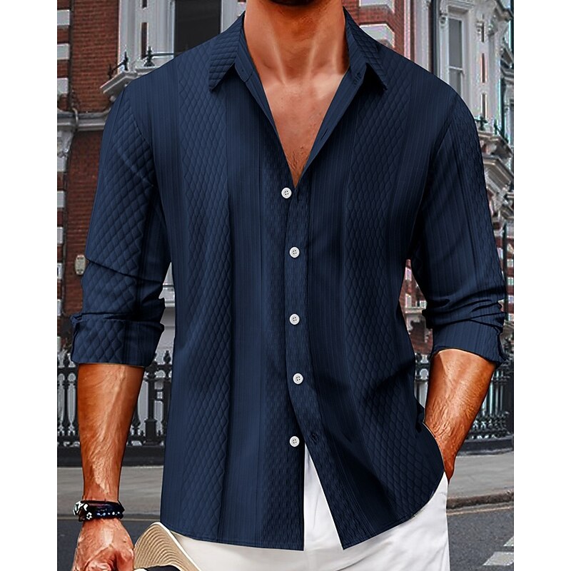Men's Shirt Summer Shirt Button Up Shirt Casual Shirt Beach Shirt Black Navy Blue Blue Green Beige Long Sleeve Plain Lapel Hawaiian Holiday Jacquard Clothing Apparel Fashion Casual Comfortable2