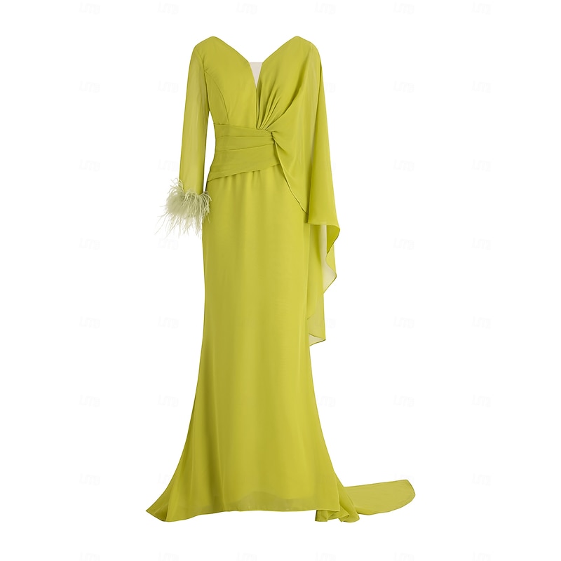 Beach Wedding Mermaid Evening Gown Elegant Dress Formal Fall Floor Length Long Sleeve V Neck Chiffon with Feather Ruched Ruffles3
