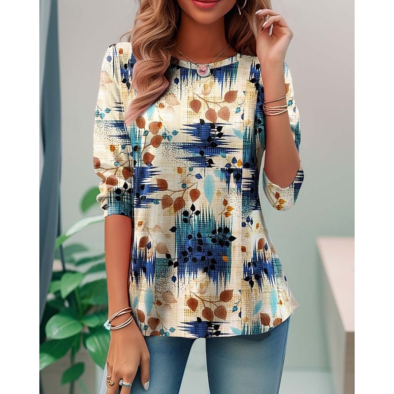 Women's T shirt Long Sleeve Crew Neck Long Sleeve Tunic Casual Print Regular Tops Daily White Blue Purple Khaki Spring Fall Prefall4