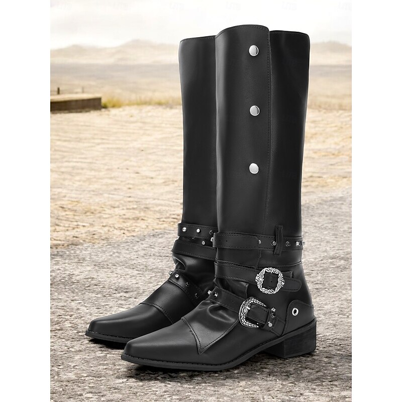 Women's Black Knee-High Boots with Buckle Straps and Studded Detailing – Gothic Style Motorcycle Boots for Casual and Party Wear2