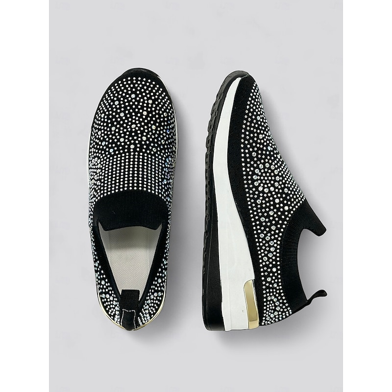 Women's Rhinestone-Embellished Black Slip-On Sneakers – Lightweight, Sparkly Fashion Athletic Shoes for Casual Wear4