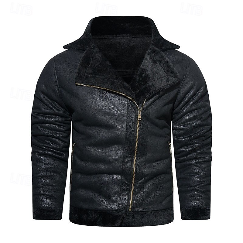 Men's Faux Leather Jacket Fleece Jacket Biker Jacket Vintage Leather Jacket Daily Vacation Windproof Warm Pocket Fall & Winter Plain Fashion Classic Lapel Regular Faux Leather Black Brown Jacket4