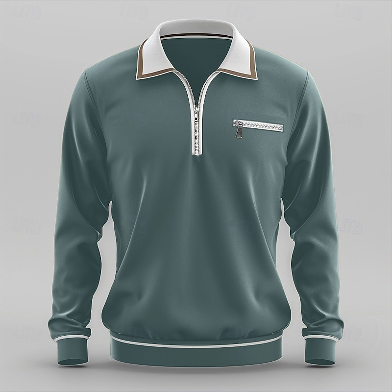 Men's Sport Polo Quarter Zip Polo Street Vacation Quarter Zip Long Sleeve Fashion Basic Solid Color Pocket Spring &  Fall Regular Fit Green Dark Grey Sport Polo4