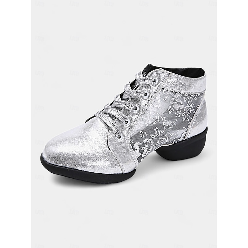 Women's Silver Lace-Up Dance Shoes with Mesh Floral Panels and Soft Sole, Ideal for Ballroom, Latin, and Jazz Dancing4