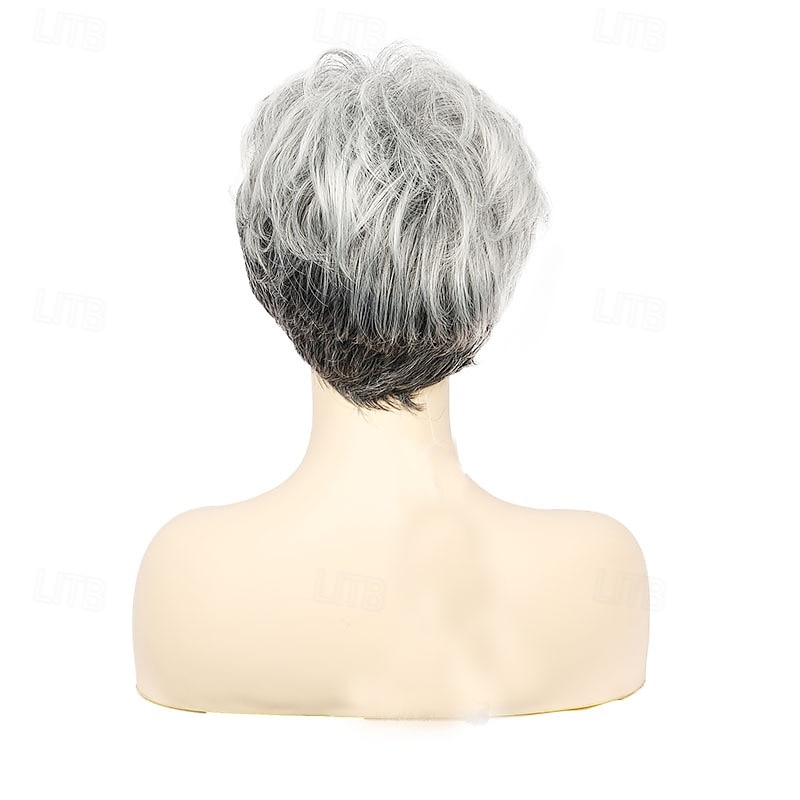 Short Grey Wigs for White Women Pixie Cut Gray Wigs with Bangs Natural Curly Synthetic Hair Wigs Layered Short Womens Wigs3