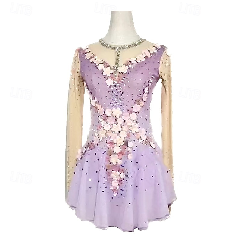 Figure Skating Dress Women's Girls' Ice Skating Dress Light Purple Patchwork Mesh High Elasticity Training Competition Skating Wear Classic Crystal / Rhinestone Long Sleeve Ice Skating Figure Skating