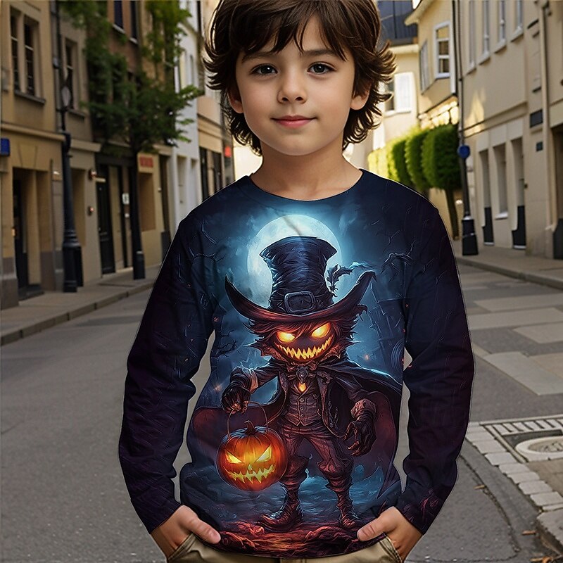 Halloween Boys' 3D Graphic Cartoon Pumpkin T shirt Tee Long Sleeve Spring Fall Fashion Basic Kids 4-12 Years Crew Neck Outdoor Casual Daily Regular Fit3