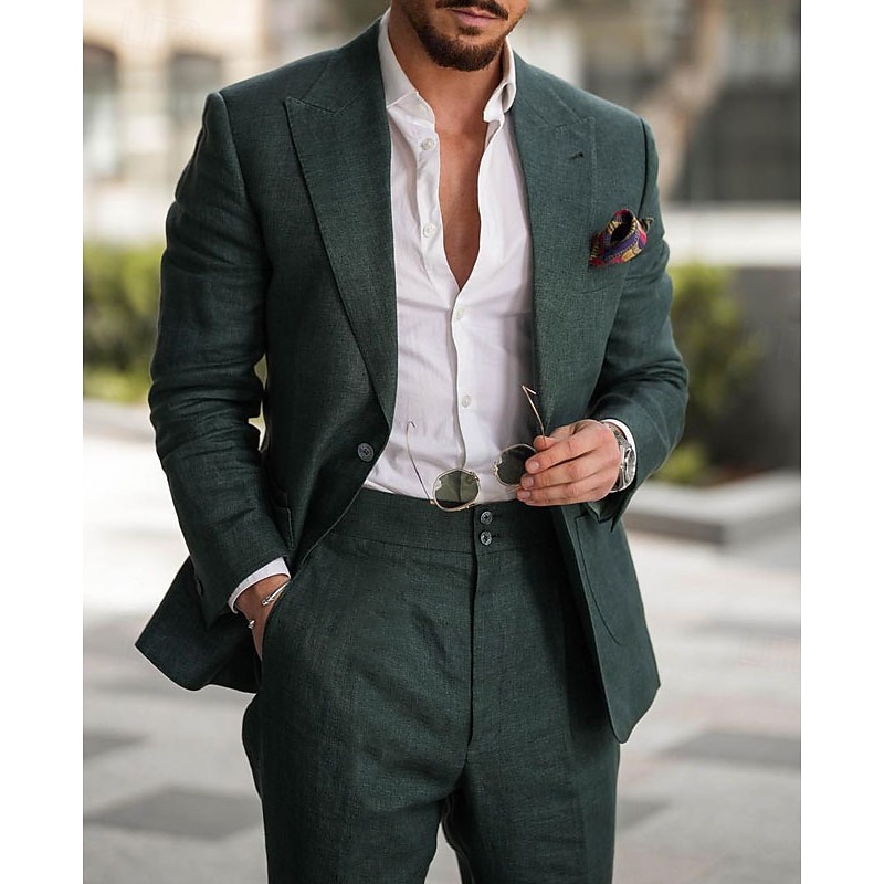 Men's Wedding Suits Closure collar Dark Green Solid Colored Slim Fit 2 Piece Single Breasted One-button