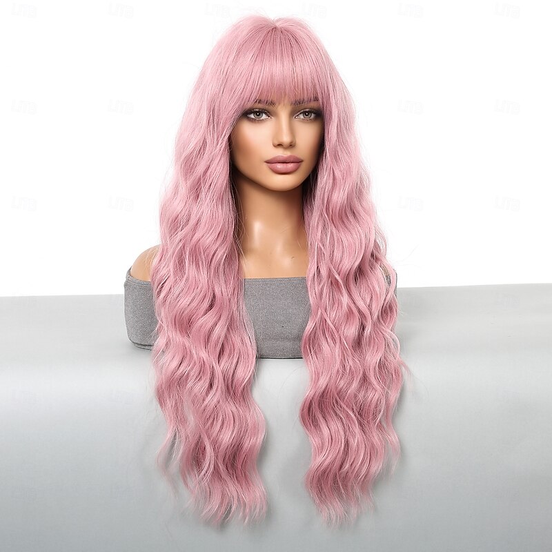 Synthetic Wig Uniforms Career Costumes Princess Curly Wavy Middle Part Layered Haircut With Bangs Machine Made Wig 26 inch Pink+Red Synthetic Hair Women's Cosplay Party Fashion Pink2