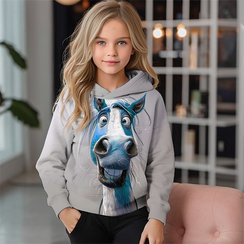 Girls' 3D Graphic Animal Horse Hoodie Long Sleeve Fall Winter Fashion Adorable Basic Kids 4-12 Years Hooded Outdoor Casual Daily Regular Fit2