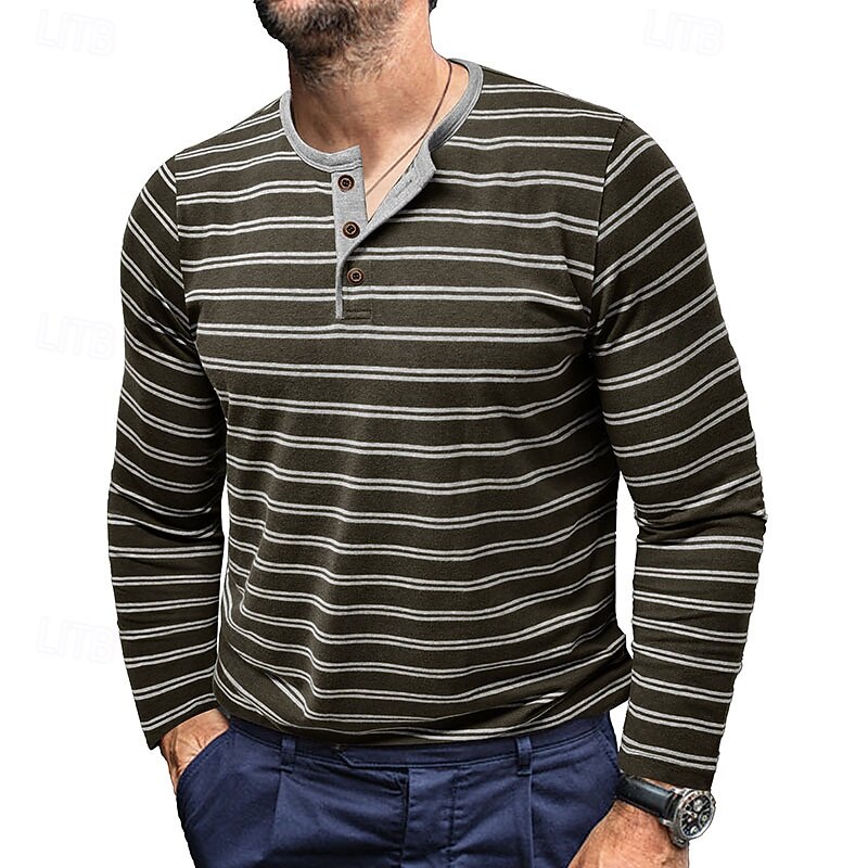 Men's Button T Shirt T Shirt Henley Shirt Tee Long Sleeve Henley Spring &  Fall Striped Fashion Designer Basic Buttons Vacation Street Going out Black White Army Green Top Tee for Men4
